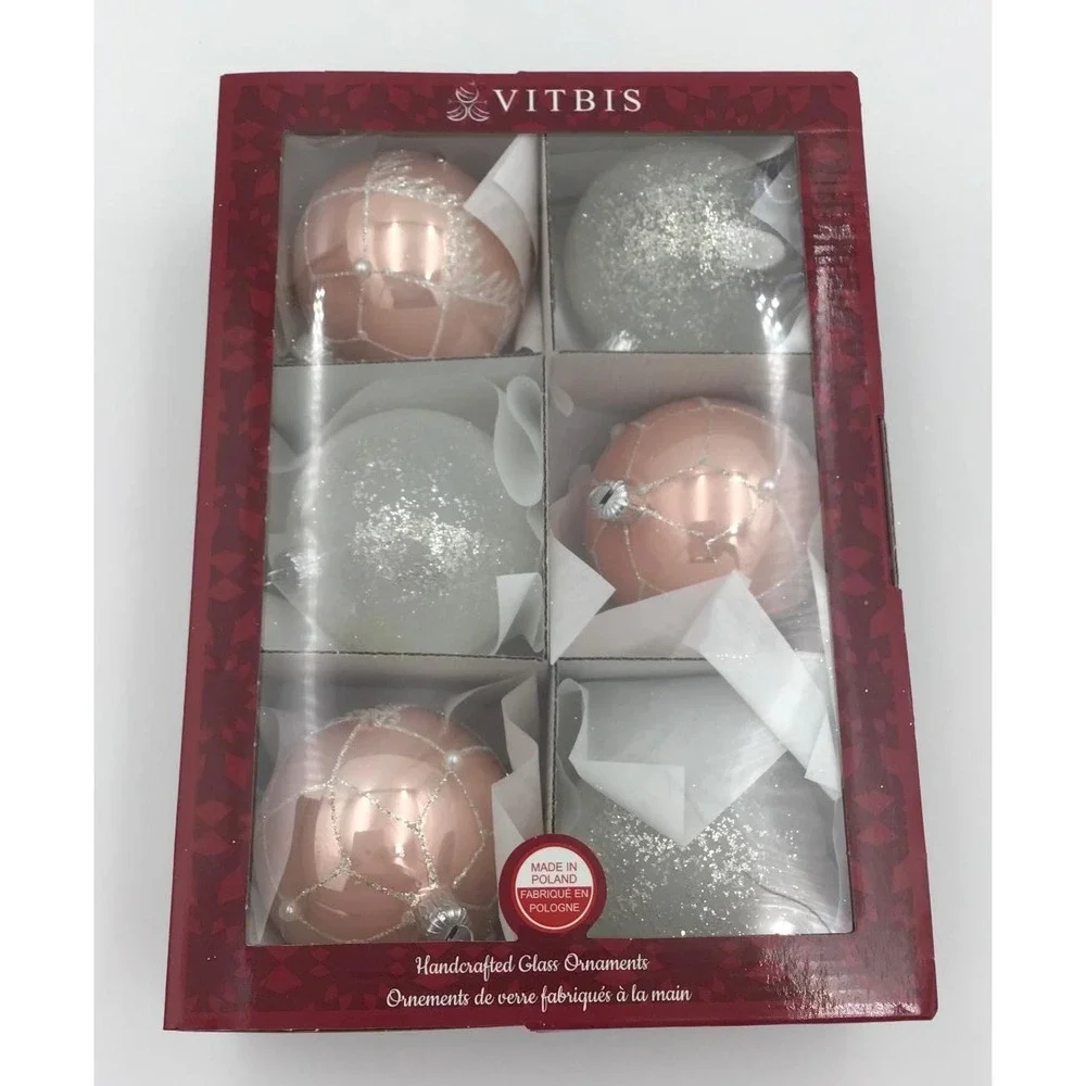 Vitbis Handcrafted Glass Ornaments Set of 12 Rose Gold White Glitter Poland
